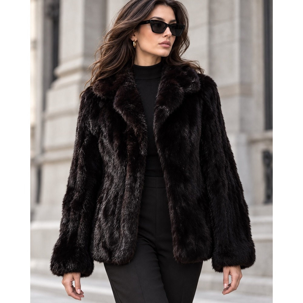 Dark Brown Mink Fur Jacket Womens Short Fur Coat Notched Collar Mob Wife Small